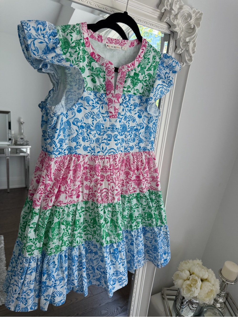 Roller Rabbit Floral Tiered Mini Dress in Blue, Pink & Green